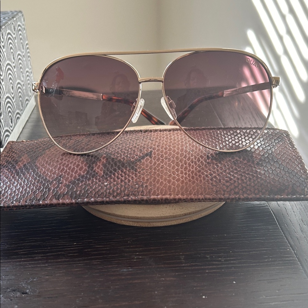 Quay Australia Gold and Brown Aviator Sunglasses